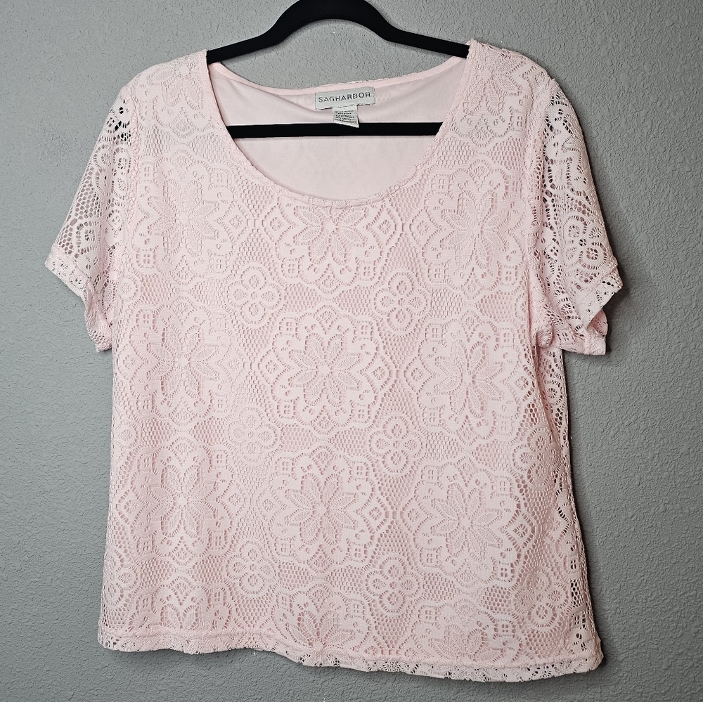Sag Harbor Womens XL Shirt Baby Pink Lace Feminine Mature Easter Pastel